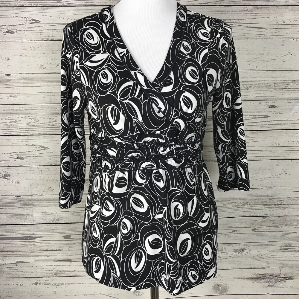 CATO Black / White V-Neck Elastic Waist Blouse